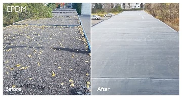 Before and after of a flat roof EPDM membrane replacement