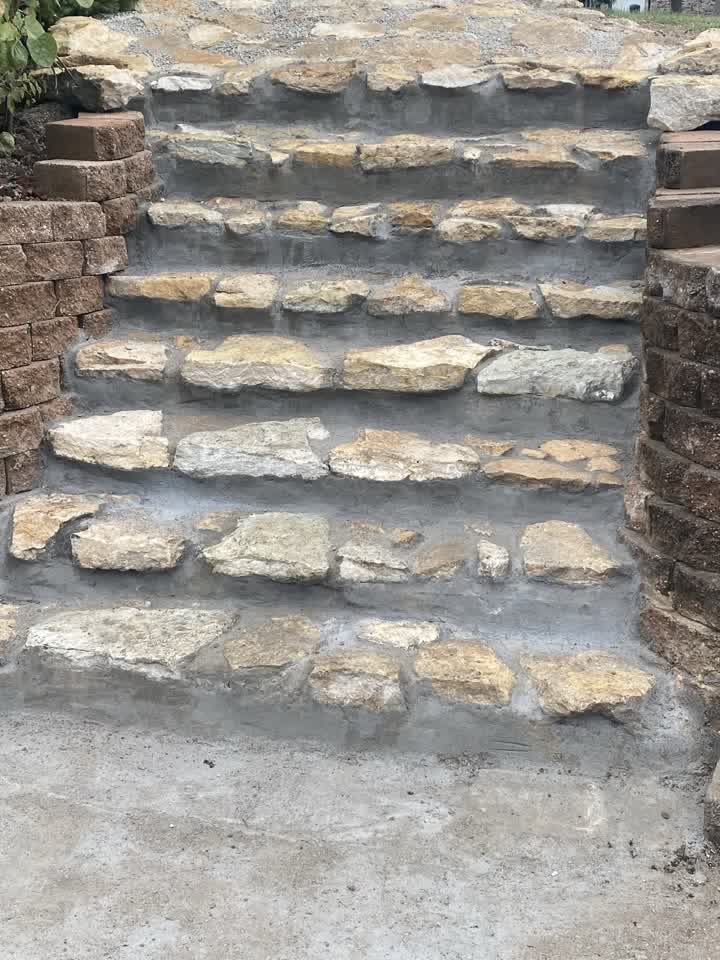Natural stone steps with block retaining walls