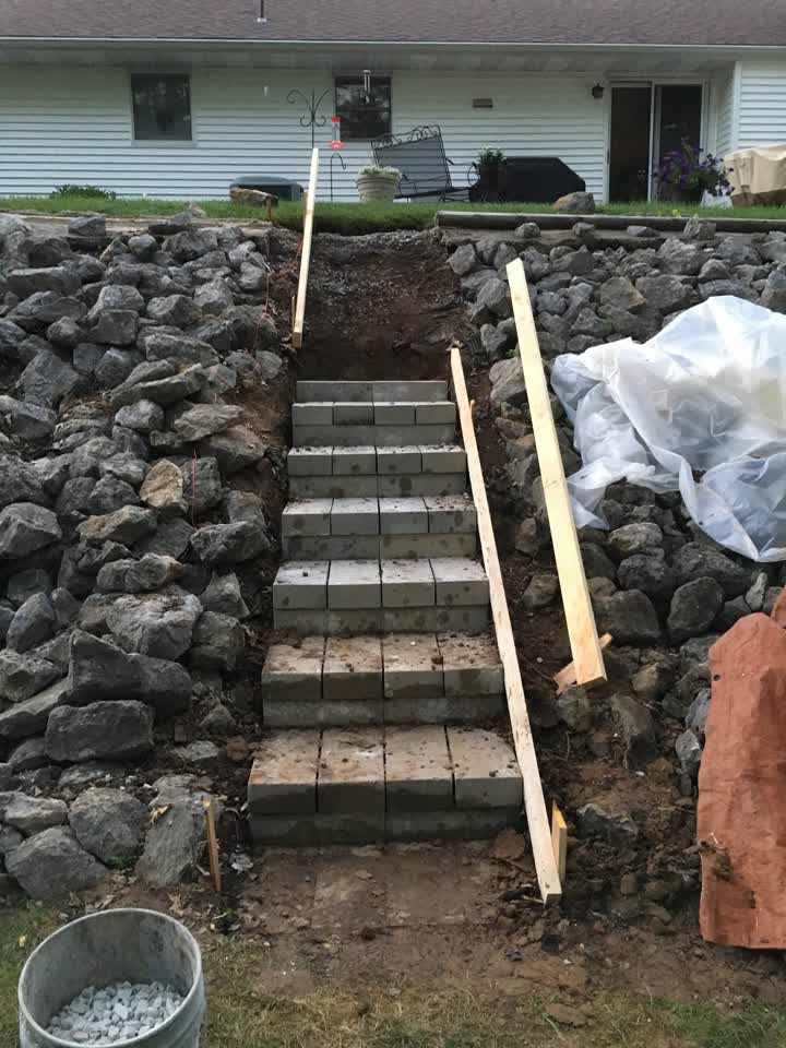 Block steps with wooden forms during construction