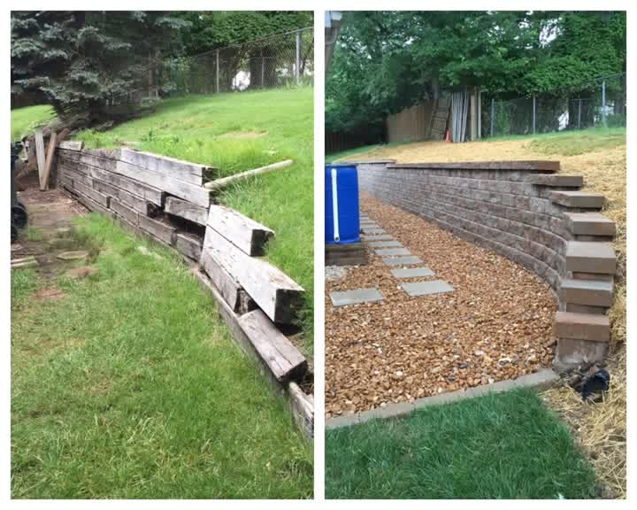 Before and after of a retaining wall rebuild, from failing timber to new block wall