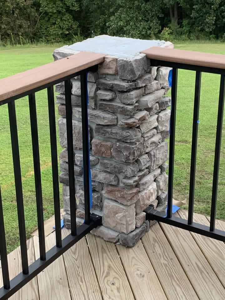 Finished stone veneer deck pillar